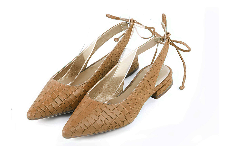 Dress slingback heels in camel beige leather with flat flare heels and pointed toe - Front view